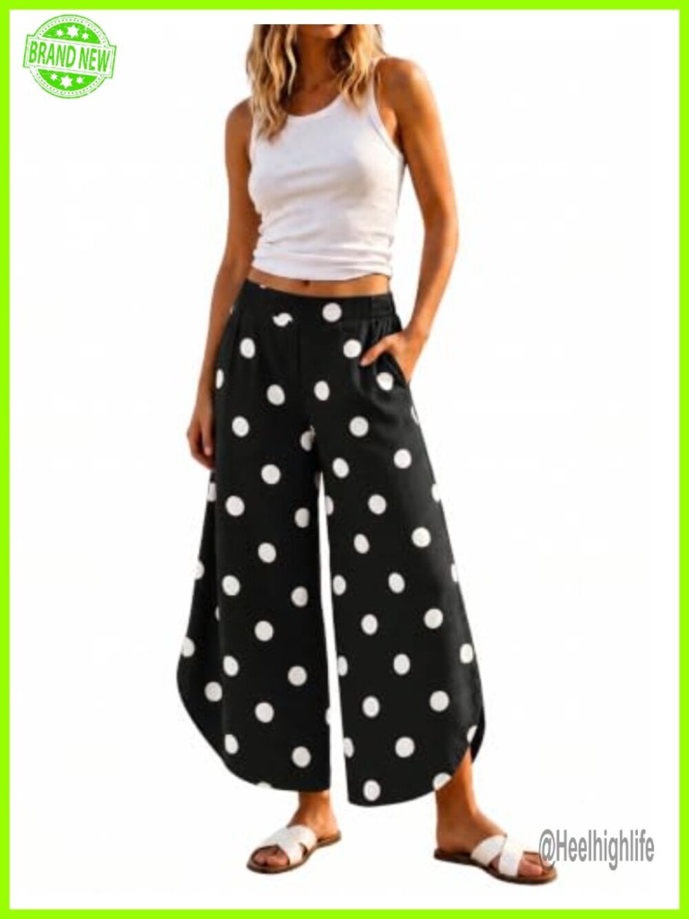 Wide Leg Palazzo Pants Cotton Linen Polka Dot Elastic High Waist Boho Trousers